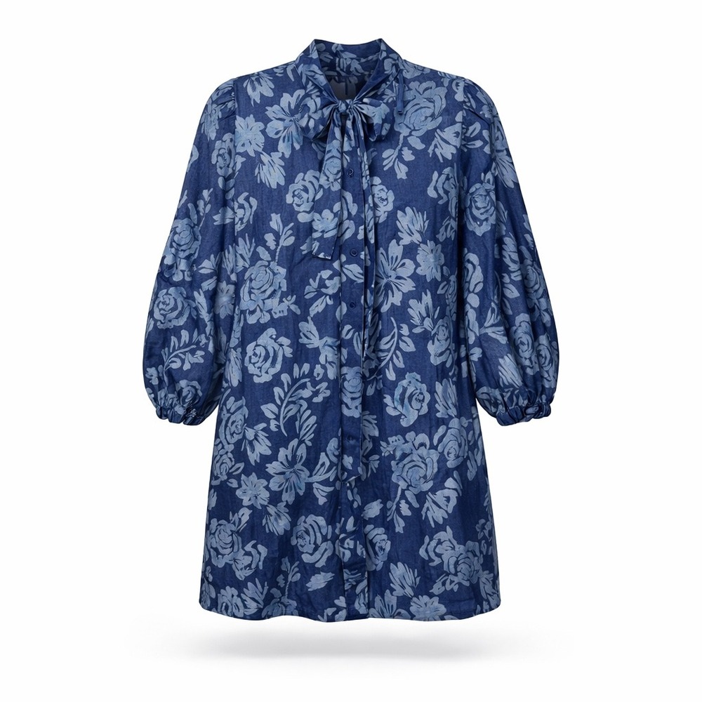 Flying Tomato‎ Denim Mini Dress Size M Floral Print Balloon Sleeve Tie Neck